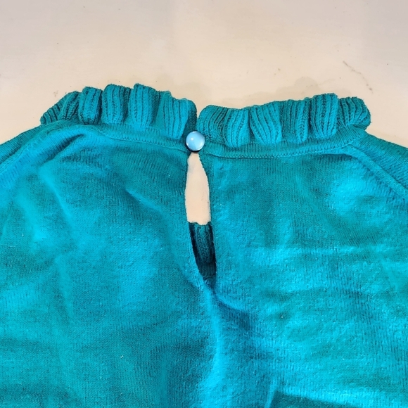 J. Crew 100% Cotton Sweater Teal Ruffle Neck Women's Medium M Keyhole Back EUC - Picture 5 of 9